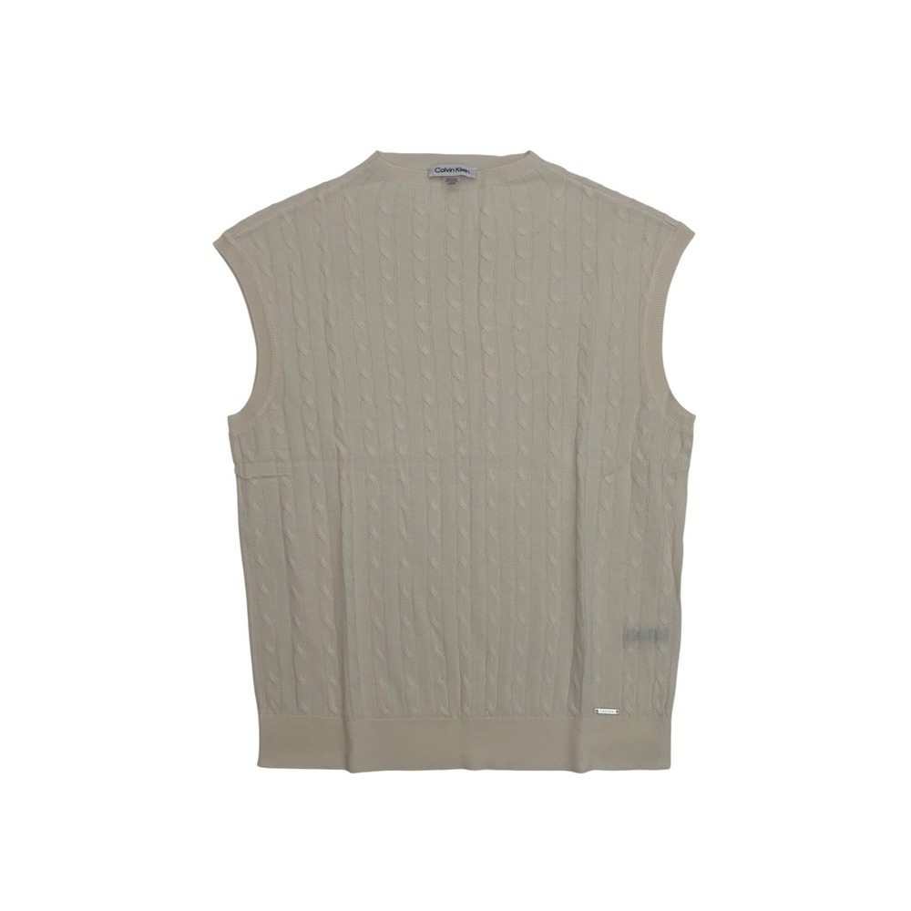 Calvin Klein Womens Cream Cable Knit Sweater Vest Sleeveless Crew Neck Large NWT